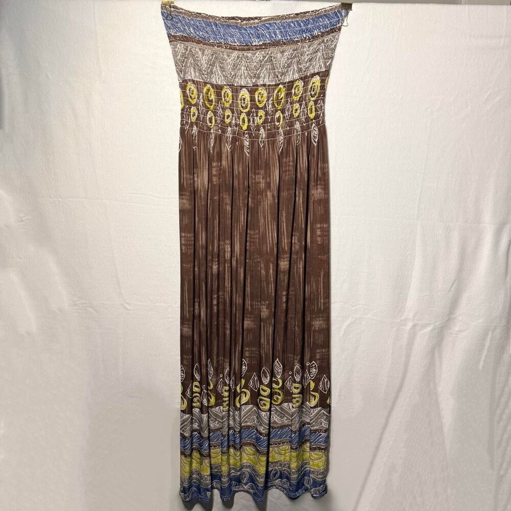 y2k indie boho smocked gold flava strapless maxi dress brown geometric